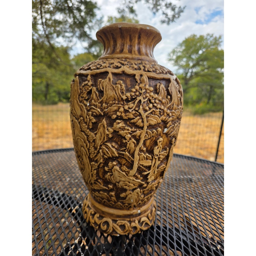 Vintage Faux Cinnabar Resin Vase Carved Relief Oriental Landscape Brown 14 Inch